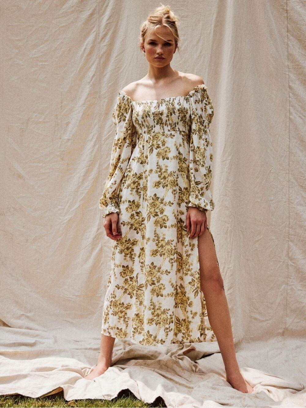 Free People Jaymes Floral Print Long Sleeve Midi Dress Yellow Size Medium